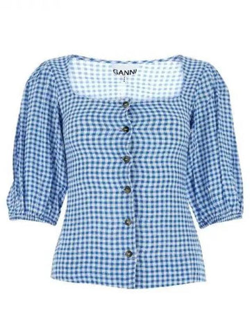 Gingham check square neck blouse - GANNI - BALAAN 1