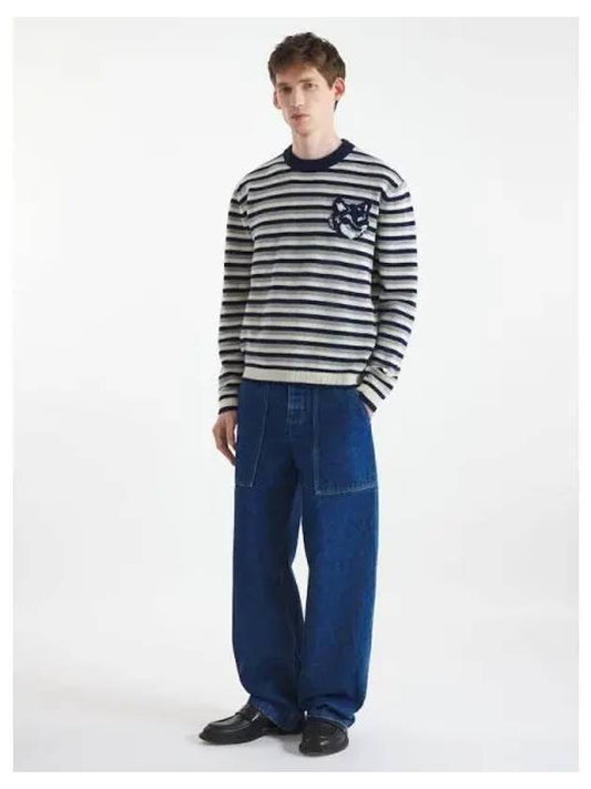 Men s Foxhead Intarsia Stripe Striped Comfort Sweatshirt Navy White Domestic Product - MAISON KITSUNE - BALAAN 1