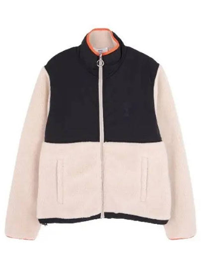 Logo Zip-up Shearling Jacket Beige - AMI - BALAAN 2