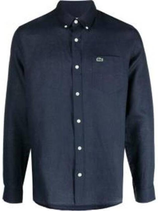 Logo Patch Linen Long Sleeve Shirt Navy - LACOSTE - BALAAN 2