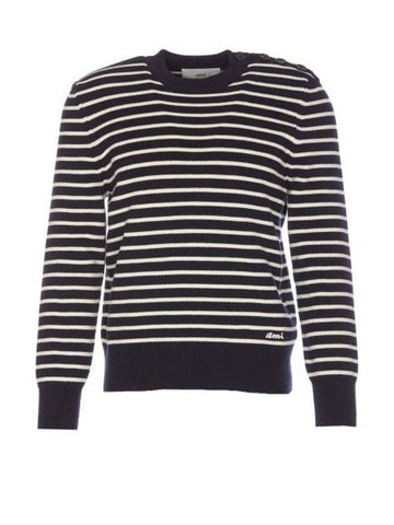 Striped Sailor Crew Neck Knit Top White Navy - AMI - BALAAN 1