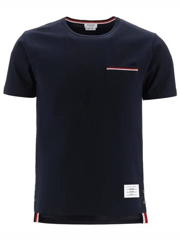 Men's Medium Weight Jersey Tipped Pocket Crewneck Short Short Sleeve T-Shirt Navy - THOM BROWNE - BALAAN 4