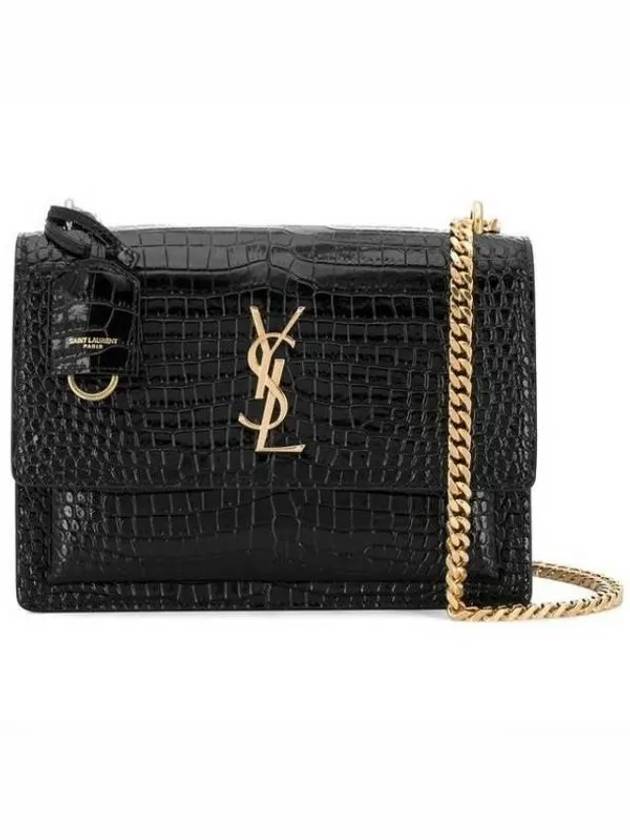 Gold Hardware Sunset Crocodile Embossed Leather Shoulder Bag Black - SAINT LAURENT - BALAAN 2