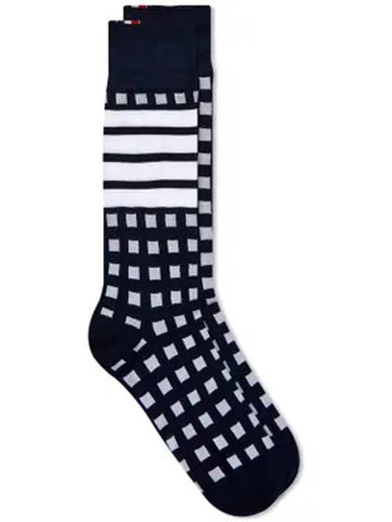 4 Bar Gingham Jacquard Mid Calf Socks Navy - THOM BROWNE - BALAAN.