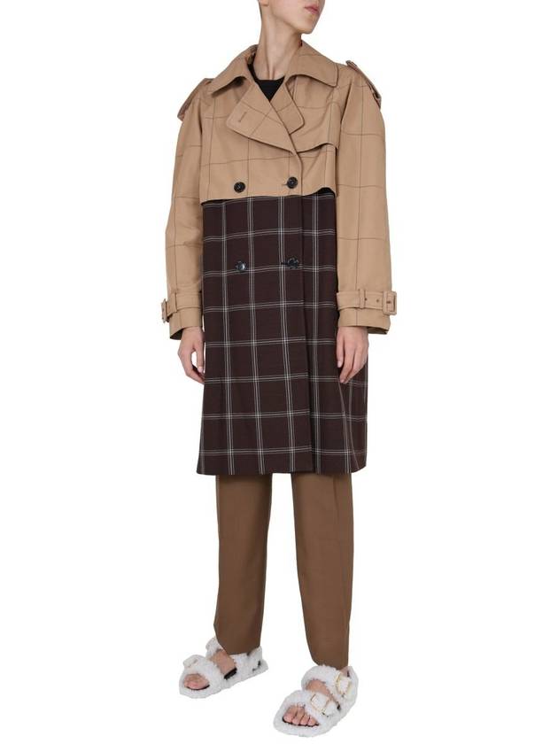 Women's Double Breasted Two-tone Check Trench Coat Brown - MARNI - BALAAN 3