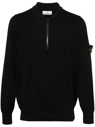 Compass Badge Half Zip-up Polo Cotton Knit Top Black - STONE ISLAND - BALAAN 1