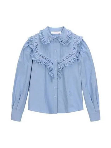 Seaby Shirt Ruffle Long Sleeve White Light Blue - CHLOE - BALAAN 1