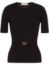 V Metal Logo Belt Detail Wool Knit Top Black - VALENTINO - BALAAN 1