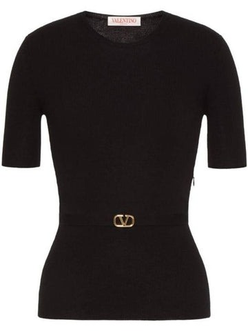 V Metal Logo Belt Detail Wool Knit Top Black - VALENTINO - BALAAN 1