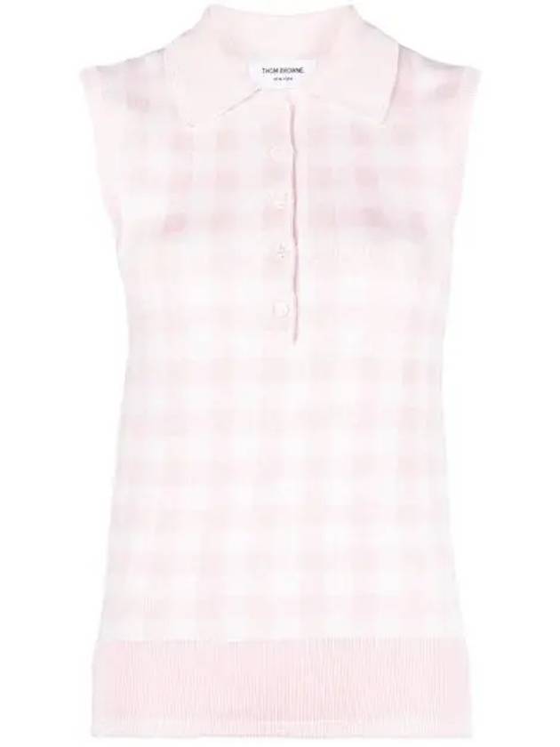 Gingham Silk Jacquard 4 Bar Polo Sleeveless Cardigan Pink - THOM BROWNE - BALAAN 3