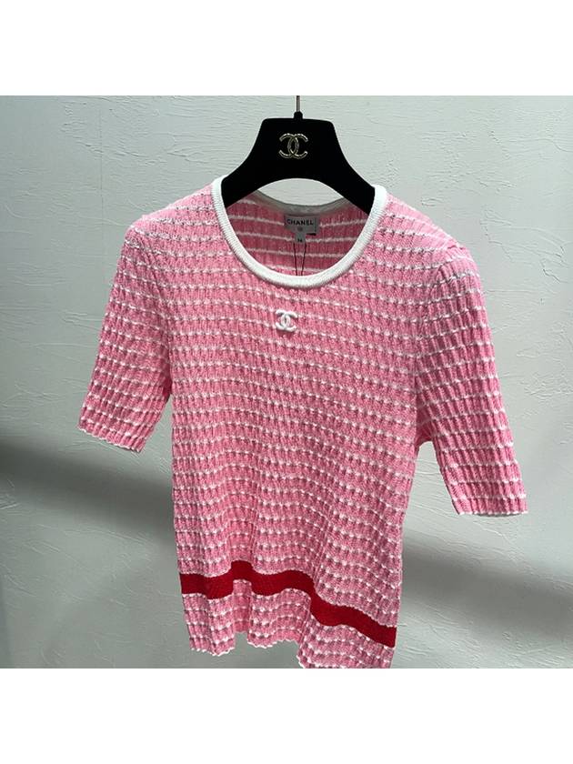 Women's T-Shirt Top Cotton White Pink Striped Logo T-Shirt - CHANEL - BALAAN 5