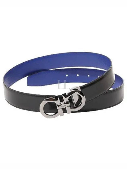 Silver Gancini Reversible Leather Belt Blue - SALVATORE FERRAGAMO - BALAAN 2