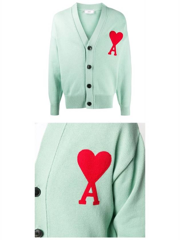 Men's Big Heart Logo Patch Overfit Cardigan Aqua Green - AMI - BALAAN 5