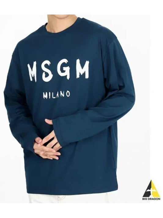 Brushed Logo Cotton Long Sleeve T Shirt Navy - MSGM - BALAAN 2