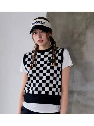 Checkerboard round neck knit vest black - BENECIA12 - BALAAN 1