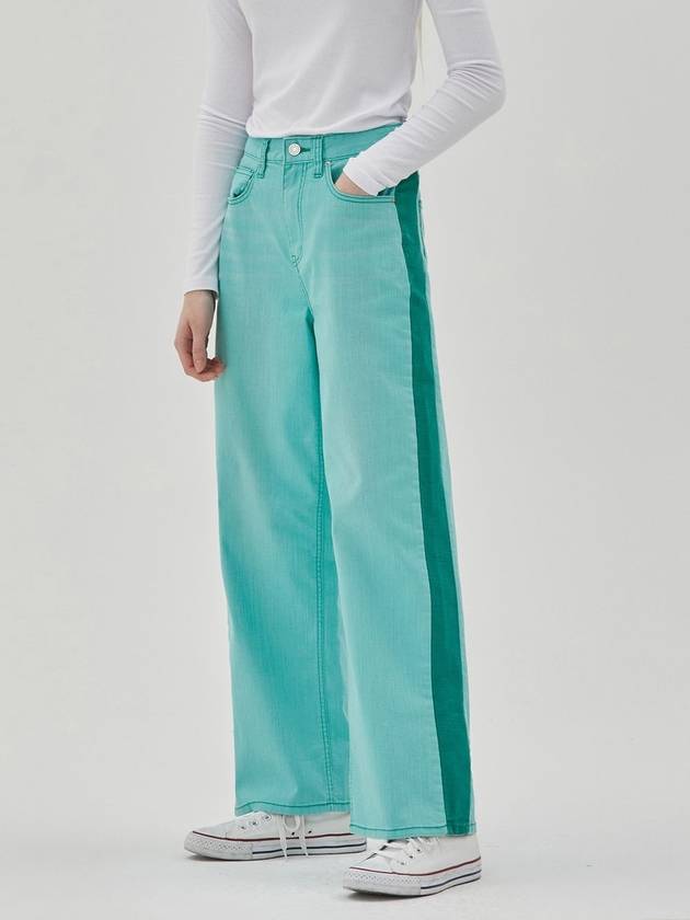 RYUL+WAI: Denim Color Side Color Wide Pants Green - RYUL+WAI: - BALAAN 1