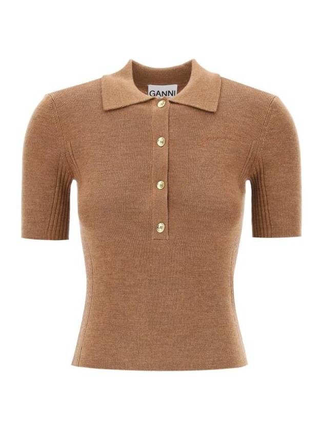 Ribbed Merino Knit Polo Shirt Brown - GANNI - BALAAN 1