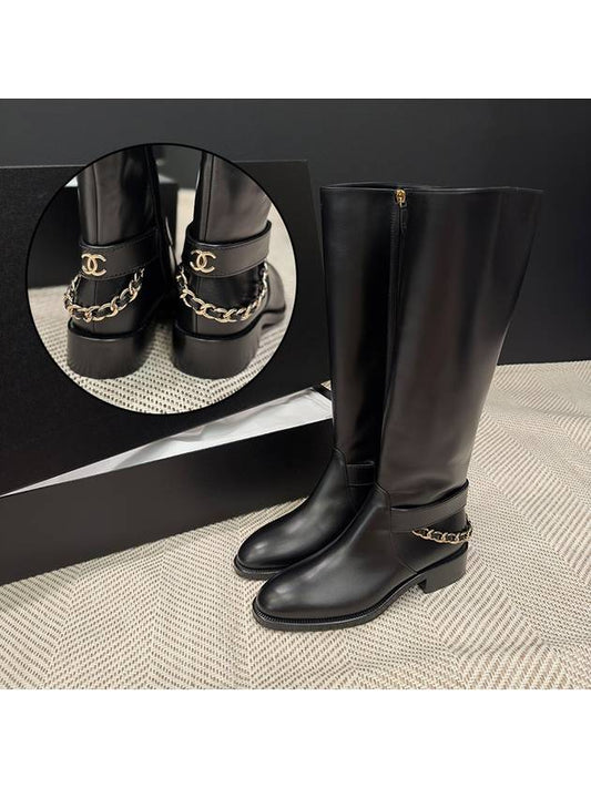 Chain long boots CC logo chain charm leather black - CHANEL - BALAAN 1