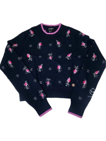 Flower CC Logo Cashmere Knit Top Navy Blue - CHANEL - BALAAN 1