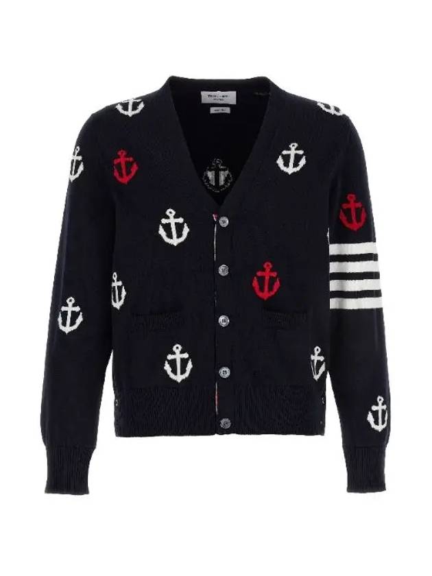 Anchor Intarsia 4-Bar V-Neck Cardigan Navy - THOM BROWNE - BALAAN 2