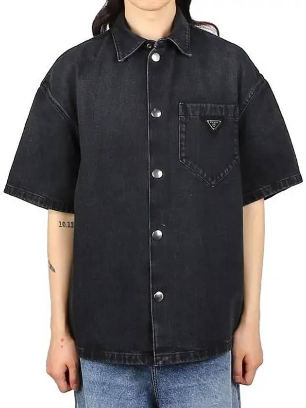 Triangle Logo Denim Short Sleeve Shirt Black - PRADA - BALAAN 2