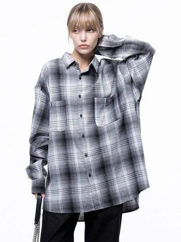 Women's Loose Fit Flannel Check Shirt Black - CHANCE'S NOI - BALAAN 1