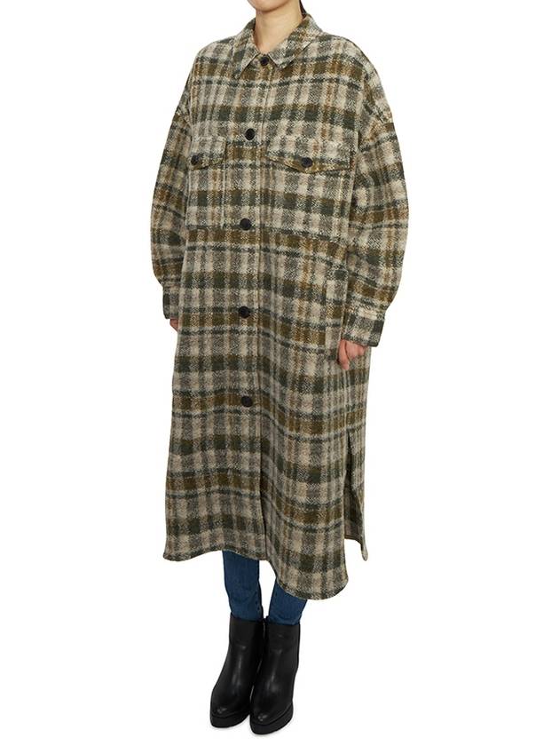 Fontizi Long Check Wool Single Coat Khaki Ecru - ISABEL MARANT - BALAAN 6