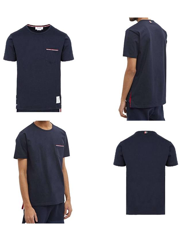 Men's Medium Weight Jersey Tipped Pocket Crewneck Short Short Sleeve T-Shirt Navy - THOM BROWNE - BALAAN 7