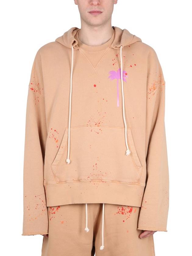 Logo Print Paint Splatter Cotton Hoodie Beige - PALM ANGELS - BALAAN 2