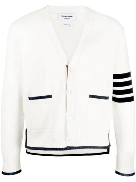 Tom V-neck Diagonal Armband Cardigan White - THOM BROWNE - BALAAN.