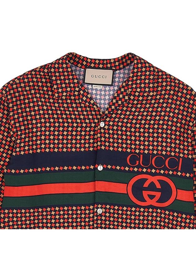 Geometric Houndstooth Bowling Silk Short Sleeve Shirt Red Beige Black - GUCCI - BALAAN 4