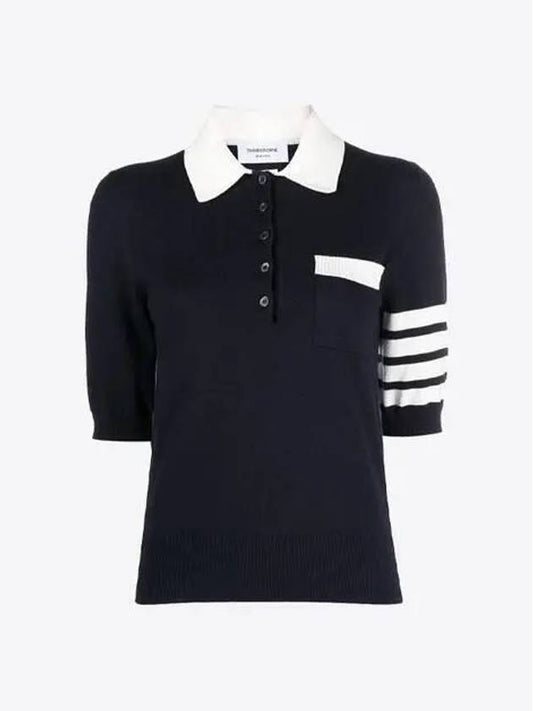 Cotton Hector Pointelle 4-Bar Polo Shirt Navy - THOM BROWNE - BALAAN 2