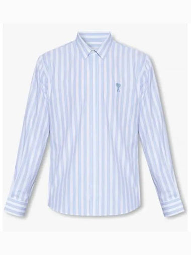 Tonal Heart Logo Striped Long Sleeve Shirt Blue - AMI - BALAAN 1