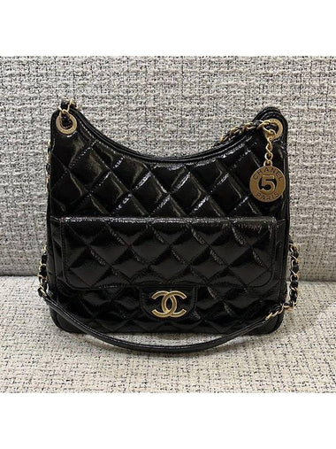 Shiny Calfskin Hobo Bag Medium Black Cross Bag AS4322 - CHANEL - BALAAN 1