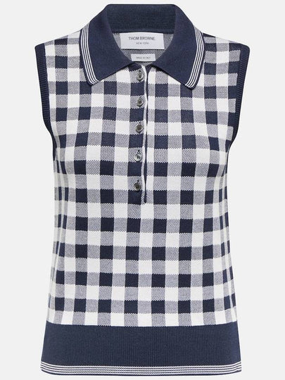 Gingham Silk Jacquard 4 Bar Polo Sleeveless Cardigan Navy - THOM BROWNE - BALAAN 2