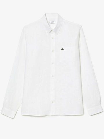 Logo Patch Linen Long Sleeve Shirt White - LACOSTE - BALAAN 1