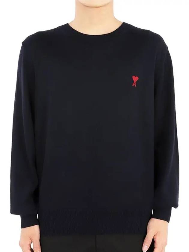 Heart Embroidered Logo Crew Neck Knit Top Navy - AMI - BALAAN 3