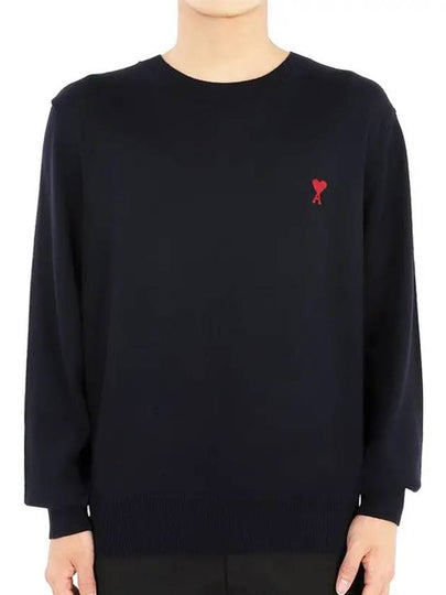 Heart Embroidered Logo Crew Neck Knit Top Navy - AMI - BALAAN 2