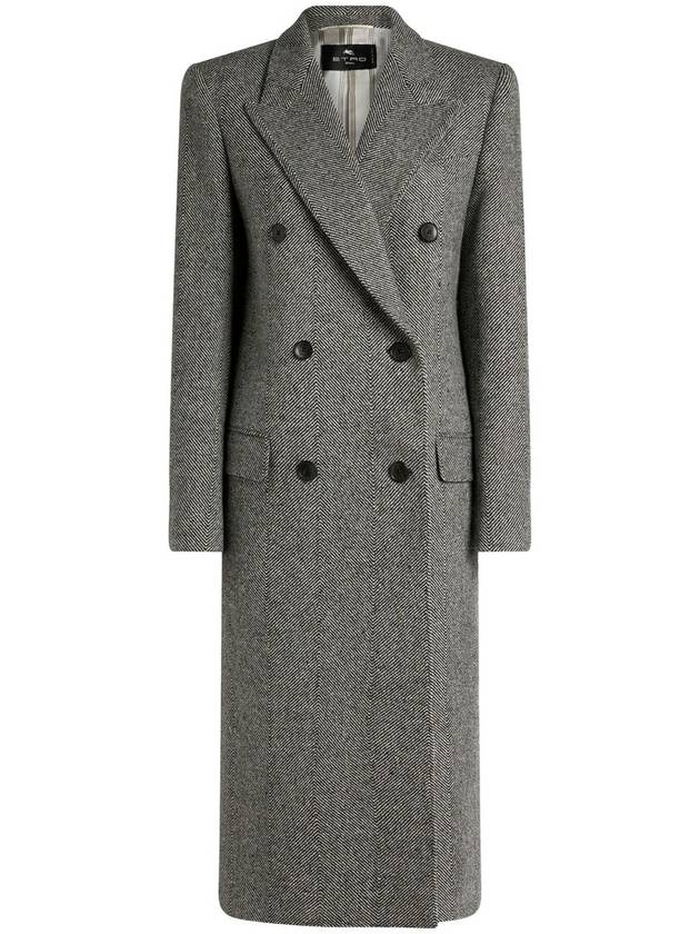 Grey Long Double-Breasted Coat With Chevron Motif In Wool Blend Woman - ETRO - BALAAN 1