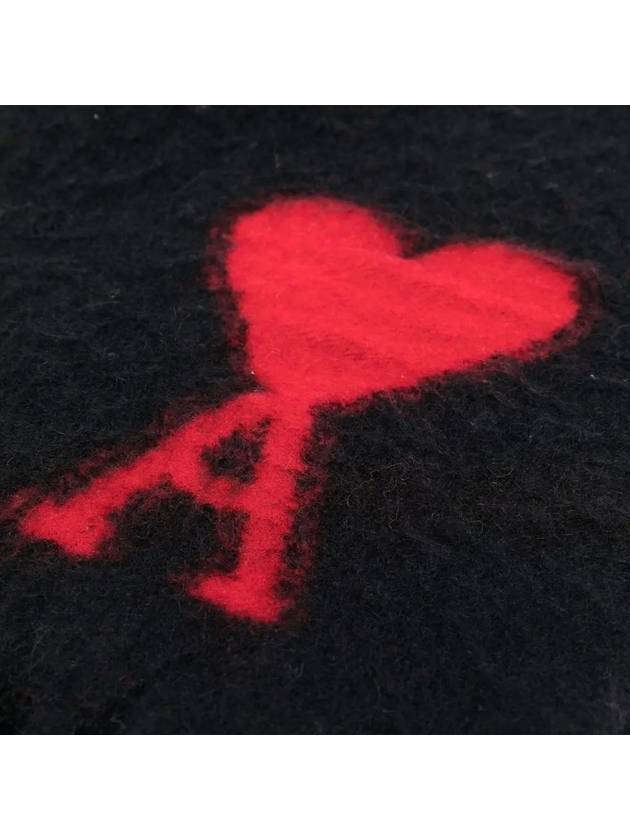 Heart Logo Oversized Wool Fringe Scarf Black - AMI - BALAAN 5