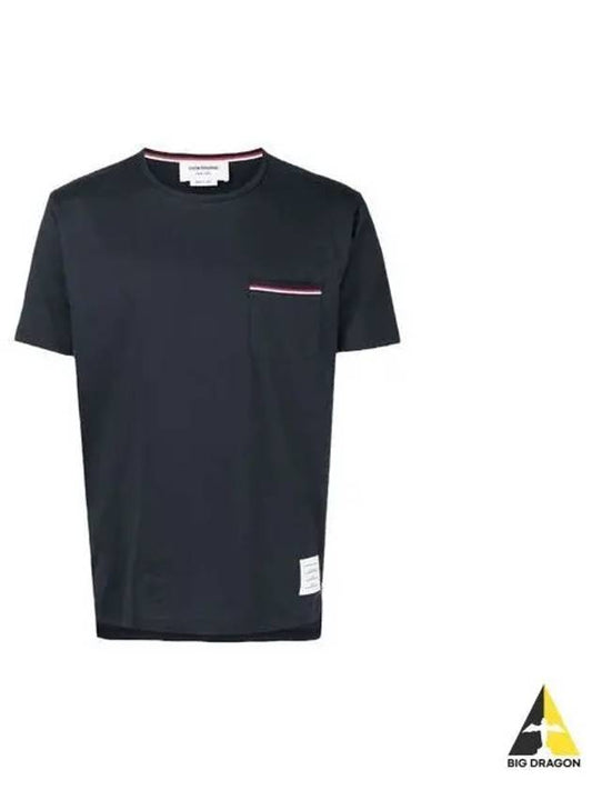 Men's Medium Weight Jersey Tipped Pocket Crewneck Short Short Sleeve T-Shirt Navy - THOM BROWNE - BALAAN 2