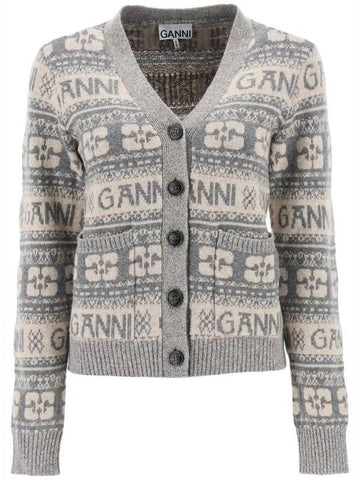 Women's Logo Wool Mix Cardigan Grey - GANNI - BALAAN 1