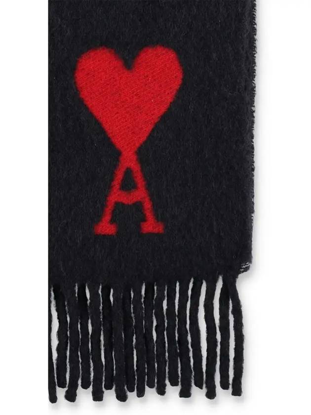 Heart Logo Oversized Wool Fringe Scarf Black - AMI - BALAAN 5