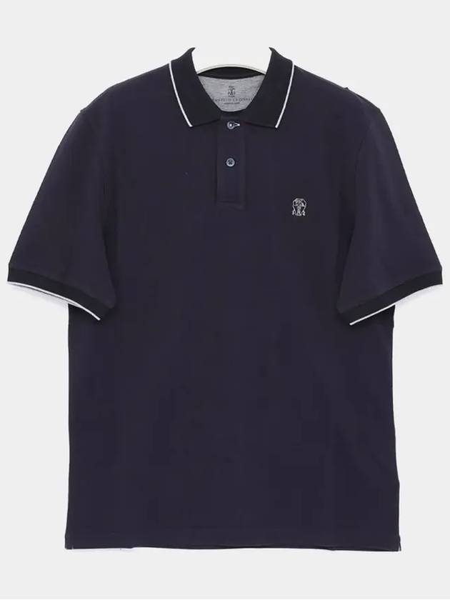 Embroidered Logo Short Sleeve Polo Shirt Navy - BRUNELLO CUCINELLI - BALAAN 4