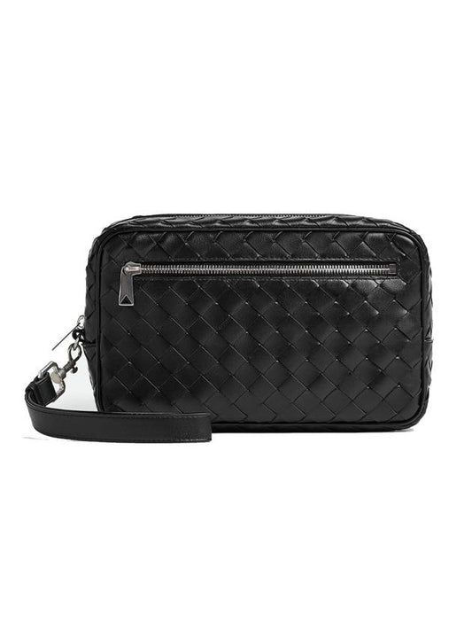 Intrecciato Leather Zipper Pouch Bag Black - BOTTEGA VENETA - BALAAN 1