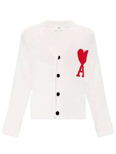 Intarsia Big Heart Logo Oversized Virgin Wool Cardigan White - AMI - BALAAN 2