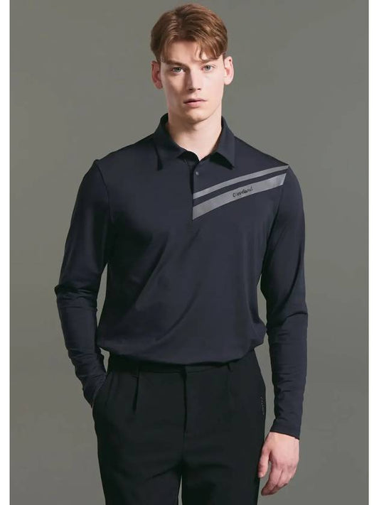 Men s diagonal color combination weak brushed long sleeve collar t shirt black - CLEVELAND GOLF - BALAAN 1