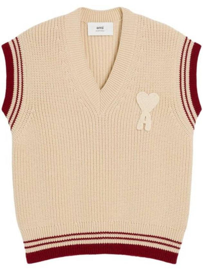 Ribbed V-Neck Wool Vest Beige - AMI - BALAAN 2