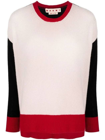 Women's Embroidered Back Logo Color Block Cashmere Knit Top Swan - MARNI - BALAAN 1