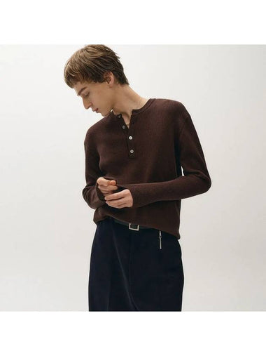 Cotton ribbed henley neck knit deep brown - NOIRER - BALAAN 1